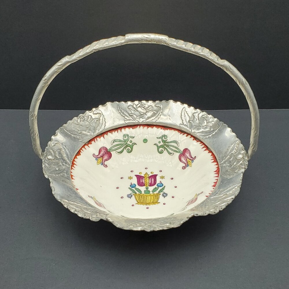 Farber & Shlevin Floral Bowl in Aluminum Basket Tulip Handled Candy Dish